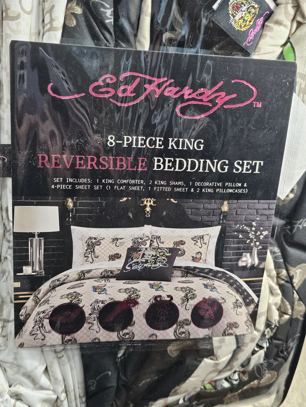 Ed Hardy 8-Piece King Reversible Bedding Set with snake and roses panthers